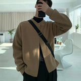 FOESCE Cardigan Brown Crewneck Knit Sweater Male Coat Jacket Round Collar Black Men's Clothing Elegant Sweat-shirt Designer Luxury Mode
