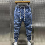 FOESCE Cargo Harem Trousers Spring Autumn Men Jeans Fashion Drawstring Pockets Denim Pants Solid Color Casual Multi-pocket Men Trousers