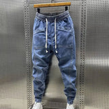 FOESCE Cargo Harem Trousers Spring Autumn Men Jeans Fashion Drawstring Pockets Denim Pants Solid Color Casual Multi-pocket Men Trousers