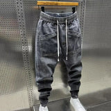 FOESCE Cargo Harem Trousers Spring Autumn Men Jeans Fashion Drawstring Pockets Denim Pants Solid Color Casual Multi-pocket Men Trousers