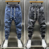 FOESCE Cargo Harem Trousers Spring Autumn Men Jeans Fashion Drawstring Pockets Denim Pants Solid Color Casual Multi-pocket Men Trousers