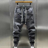 FOESCE Cargo Harem Trousers Spring Autumn Men Jeans Fashion Drawstring Pockets Denim Pants Solid Color Casual Multi-pocket Men Trousers