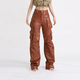 FOESCE Cargo Pants for Women Autumn 2025 New Fashion Versatile Casual Loose Fitting Multi Pocket PU Leather Trousers Streetwear Clothes