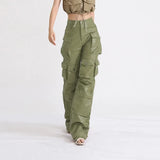 FOESCE Cargo Pants for Women Autumn 2025 New Fashion Versatile Casual Loose Fitting Multi Pocket PU Leather Trousers Streetwear Clothes