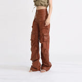 FOESCE Cargo Pants for Women Autumn 2025 New Fashion Versatile Casual Loose Fitting Multi Pocket PU Leather Trousers Streetwear Clothes