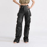 FOESCE Cargo Pants for Women Autumn 2025 New Fashion Versatile Casual Loose Fitting Multi Pocket PU Leather Trousers Streetwear Clothes