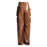FOESCE Cargo Pants for Women Autumn 2025 New Fashion Versatile Casual Loose Fitting Multi Pocket PU Leather Trousers Streetwear Clothes