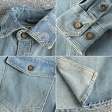 FOESCE Cashew Flower Embroidery Lapel British Retro Denim Shirt for Men American Vintage Loose Autumn Long Sleeve Workwear Jacket Coats