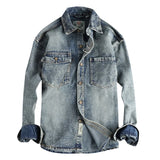 FOESCE Cashew Flower Embroidery Lapel British Retro Denim Shirt for Men American Vintage Loose Autumn Long Sleeve Workwear Jacket Coats