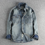 FOESCE Cashew Flower Embroidery Lapel British Retro Denim Shirt for Men American Vintage Loose Autumn Long Sleeve Workwear Jacket Coats