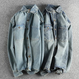 FOESCE Cashew Flower Embroidery Lapel British Retro Denim Shirt for Men American Vintage Loose Autumn Long Sleeve Workwear Jacket Coats