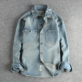 FOESCE Cashew Flower Embroidery Lapel British Retro Denim Shirt for Men American Vintage Loose Autumn Long Sleeve Workwear Jacket Coats