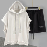 FOESCE Casual Sports Shorts Suit Men's Summer Solid Color Hooded Vest Letter Printing Straight Five-point Pants Loose and Versatile
