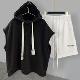 FOESCE Casual Sports Shorts Suit Men's Summer Solid Color Hooded Vest Letter Printing Straight Five-point Pants Loose and Versatile