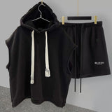 FOESCE Casual Sports Shorts Suit Men's Summer Solid Color Hooded Vest Letter Printing Straight Five-point Pants Loose and Versatile
