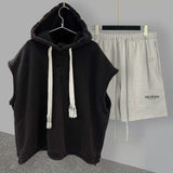 FOESCE Casual Sports Shorts Suit Men's Summer Solid Color Hooded Vest Letter Printing Straight Five-point Pants Loose and Versatile