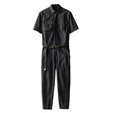 FOESCE Casual Summer Short Sleeve Jumpsuit With Belt Men's And Women's Blue Yellow Work Clothes One-piece Single Breasted Trousers