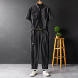 FOESCE Casual Summer Short Sleeve Jumpsuit With Belt Men's And Women's Blue Yellow Work Clothes One-piece Single Breasted Trousers
