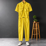 FOESCE Casual Summer Short Sleeve Jumpsuit With Belt Men's And Women's Blue Yellow Work Clothes One-piece Single Breasted Trousers