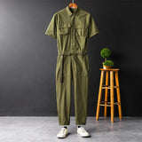 FOESCE Casual Summer Short Sleeve Jumpsuit With Belt Men's And Women's Blue Yellow Work Clothes One-piece Single Breasted Trousers