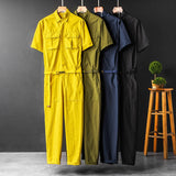 FOESCE Casual Summer Short Sleeve Jumpsuit With Belt Men's And Women's Blue Yellow Work Clothes One-piece Single Breasted Trousers