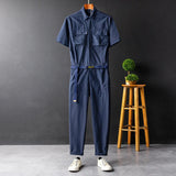 FOESCE Casual Summer Short Sleeve Jumpsuit With Belt Men's And Women's Blue Yellow Work Clothes One-piece Single Breasted Trousers