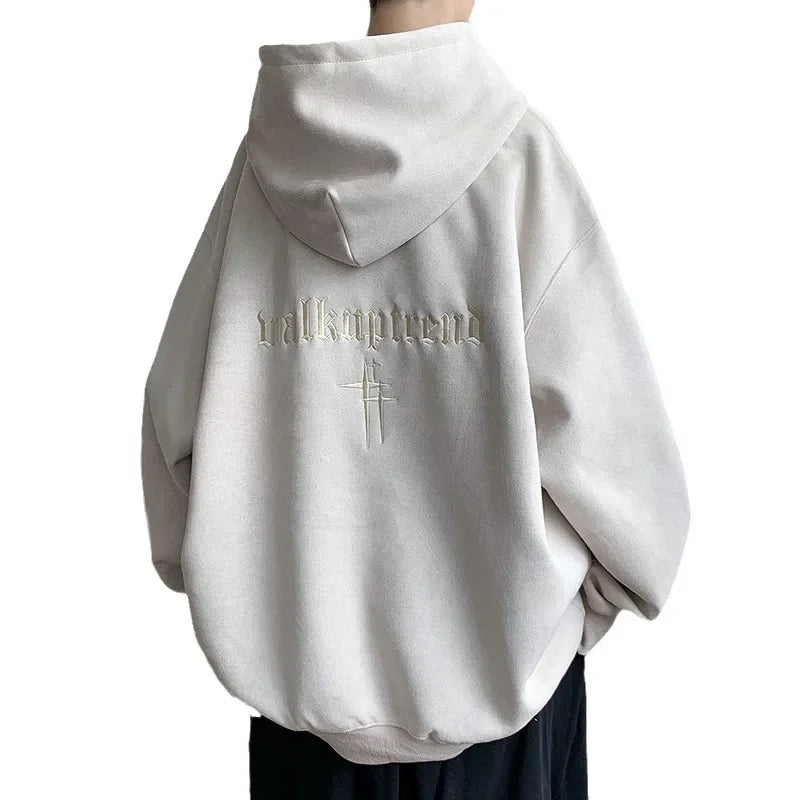 FOESCE Chamois Leather Embroidered Sweatshirt Men's American Style Vintage Trendy Brand Casual Loose Fit Hooded Jacket Niche Fashion