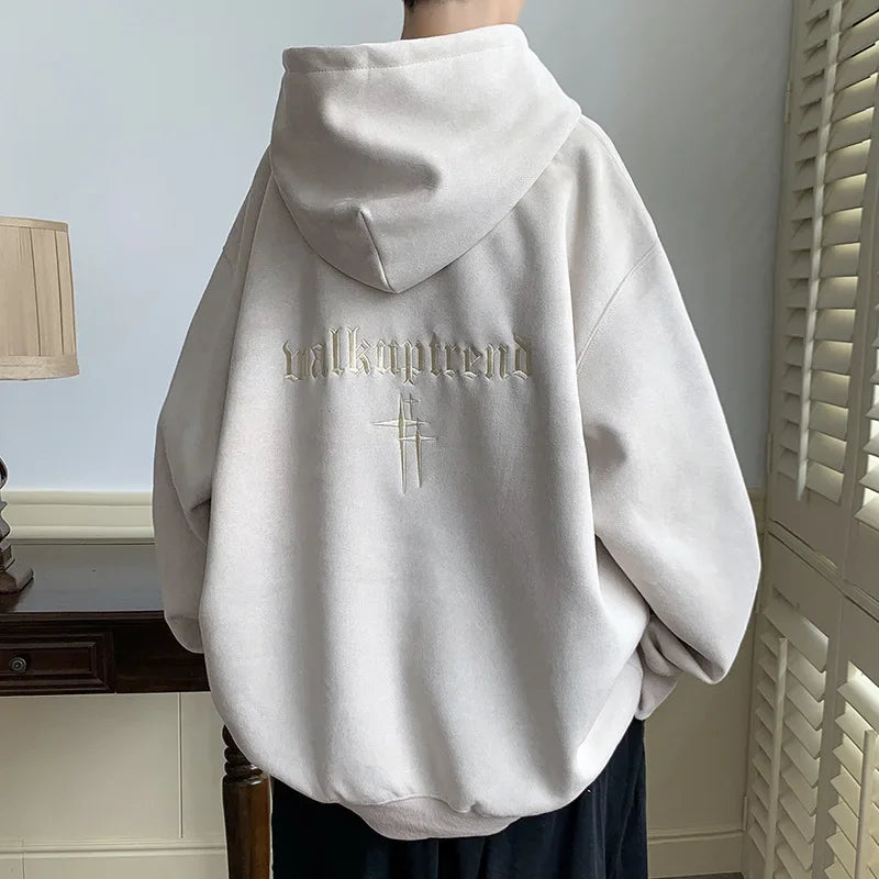FOESCE Chamois Leather Embroidered Sweatshirt Men's American Style Vintage Trendy Brand Casual Loose Fit Hooded Jacket Niche Fashion