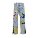 FOESCE Chinese Painting Embroidered Patch Denim Ripped Jeans for Men Streetwear Washed Destroyed Pleated Straight Jean Male Tassels