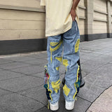 FOESCE Chinese Painting Embroidered Patch Denim Ripped Jeans for Men Streetwear Washed Destroyed Pleated Straight Jean Male Tassels