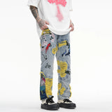 FOESCE Chinese Painting Embroidered Patch Denim Ripped Jeans for Men Streetwear Washed Destroyed Pleated Straight Jean Male Tassels