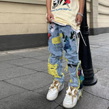 FOESCE Chinese Painting Embroidered Patch Denim Ripped Jeans for Men Streetwear Washed Destroyed Pleated Straight Jean Male Tassels