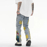FOESCE Chinese Painting Embroidered Patch Denim Ripped Jeans for Men Streetwear Washed Destroyed Pleated Straight Jean Male Tassels