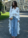 FOESCE Clacive Sexy Loose White Women's Shirt 2025 Fashion V-Neck Long Sleeve Shirts Elegant Ruffle Irregular Top Female Clothing