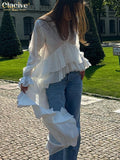 FOESCE Clacive Sexy Loose White Women's Shirt 2025 Fashion V-Neck Long Sleeve Shirts Elegant Ruffle Irregular Top Female Clothing