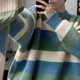 Foesce Comfortable Men Sweater Men's Striped Colorblock Knitted Sweater Thick Warm O Neck Pullover for Fall Winter Soft Long Sleeve