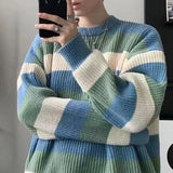 Foesce Comfortable Men Sweater Men's Striped Colorblock Knitted Sweater Thick Warm O Neck Pullover for Fall Winter Soft Long Sleeve
