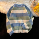 FOESCE Comfortable Men Sweater Men's Striped Colorblock Knitted Sweater Thick Warm O Neck Pullover for Fall Winter Soft Long Sleeve