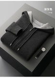 FOESCE Comfortable and lazy new 100% Merino wool men's hooded sweater loose and thick zipper casual cardigan coat for autumn and winter