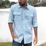 FOESCE Cotton Linen Men's Shirt Long Sleeve Solid Color Casual Tops Lapel Double Pocket Design Classic Shirt Trendy Male Clothing