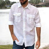 FOESCE Cotton Linen Men's Shirt Long Sleeve Solid Color Casual Tops Lapel Double Pocket Design Classic Shirt Trendy Male Clothing