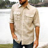 FOESCE Cotton Linen Men's Shirt Long Sleeve Solid Color Casual Tops Lapel Double Pocket Design Classic Shirt Trendy Male Clothing