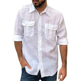 FOESCE Cotton Linen Men's Shirt Long Sleeve Solid Color Casual Tops Lapel Double Pocket Design Classic Shirt Trendy Male Clothing