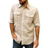FOESCE Cotton Linen Men's Shirt Long Sleeve Solid Color Casual Tops Lapel Double Pocket Design Classic Shirt Trendy Male Clothing