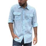 FOESCE Cotton Linen Men's Shirt Long Sleeve Solid Color Casual Tops Lapel Double Pocket Design Classic Shirt Trendy Male Clothing