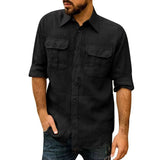 FOESCE Cotton Linen Men's Shirt Long Sleeve Solid Color Casual Tops Lapel Double Pocket Design Classic Shirt Trendy Male Clothing