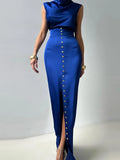 FOESCE Crop Tops Long Skirt Two Piece Set Women Elegant Sleeveless Top Suit With Front Split Skirt Lady Chic Sexy Evening Party Outfits
