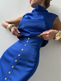 FOESCE Crop Tops Long Skirt Two Piece Set Women Elegant Sleeveless Top Suit With Front Split Skirt Lady Chic Sexy Evening Party Outfits