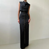FOESCE Crop Tops Long Skirt Two Piece Set Women Elegant Sleeveless Top Suit With Front Split Skirt Lady Chic Sexy Evening Party Outfits