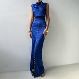 FOESCE Crop Tops Long Skirt Two Piece Set Women Elegant Sleeveless Top Suit With Front Split Skirt Lady Chic Sexy Evening Party Outfits
